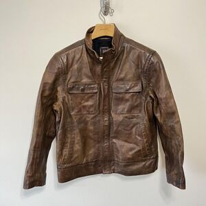 Gap Leather Jacket Mens L Brown Moto Cafe Racer Full Zip Lined Casual Vintage